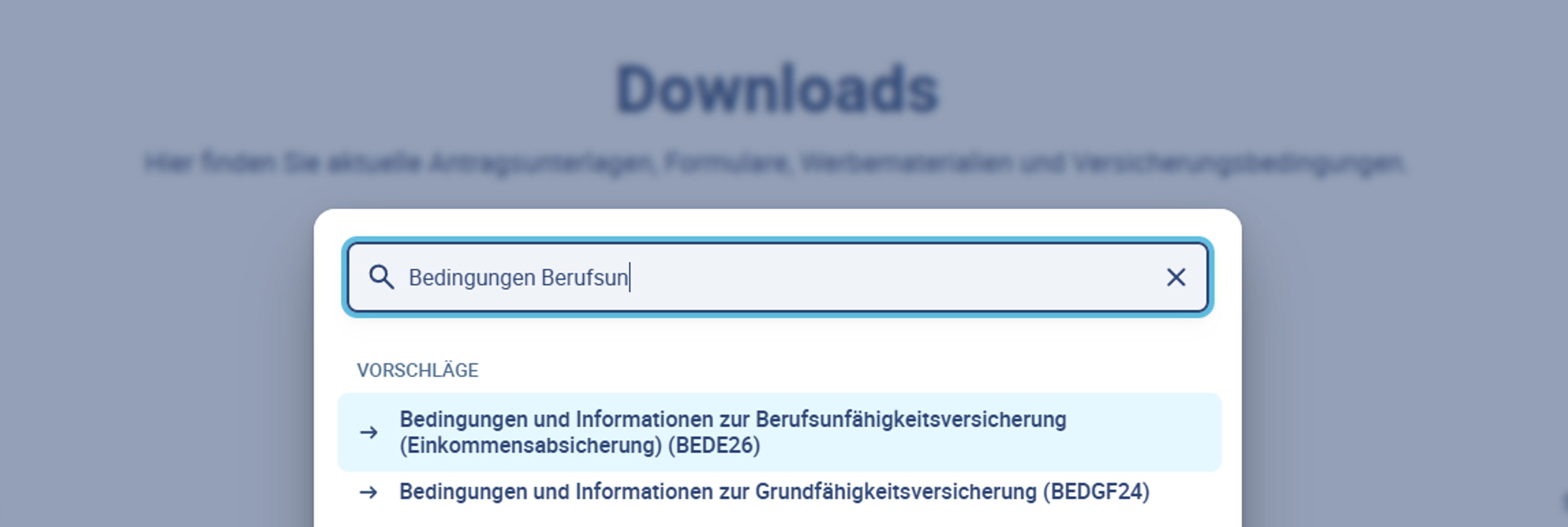 Downloadbereich der Hannoversche mit Suchanfrage "Bedingungen Berufsunfähigkeitsversicherung"